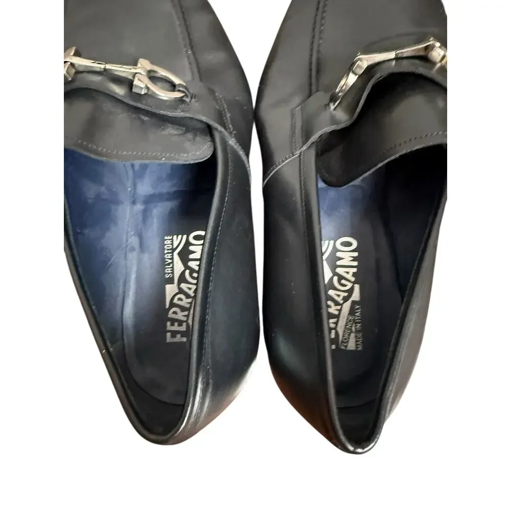 Ferragamo Black Italian Leather Gancini Bit Square Toe Slip On Dress Loafer 10.5